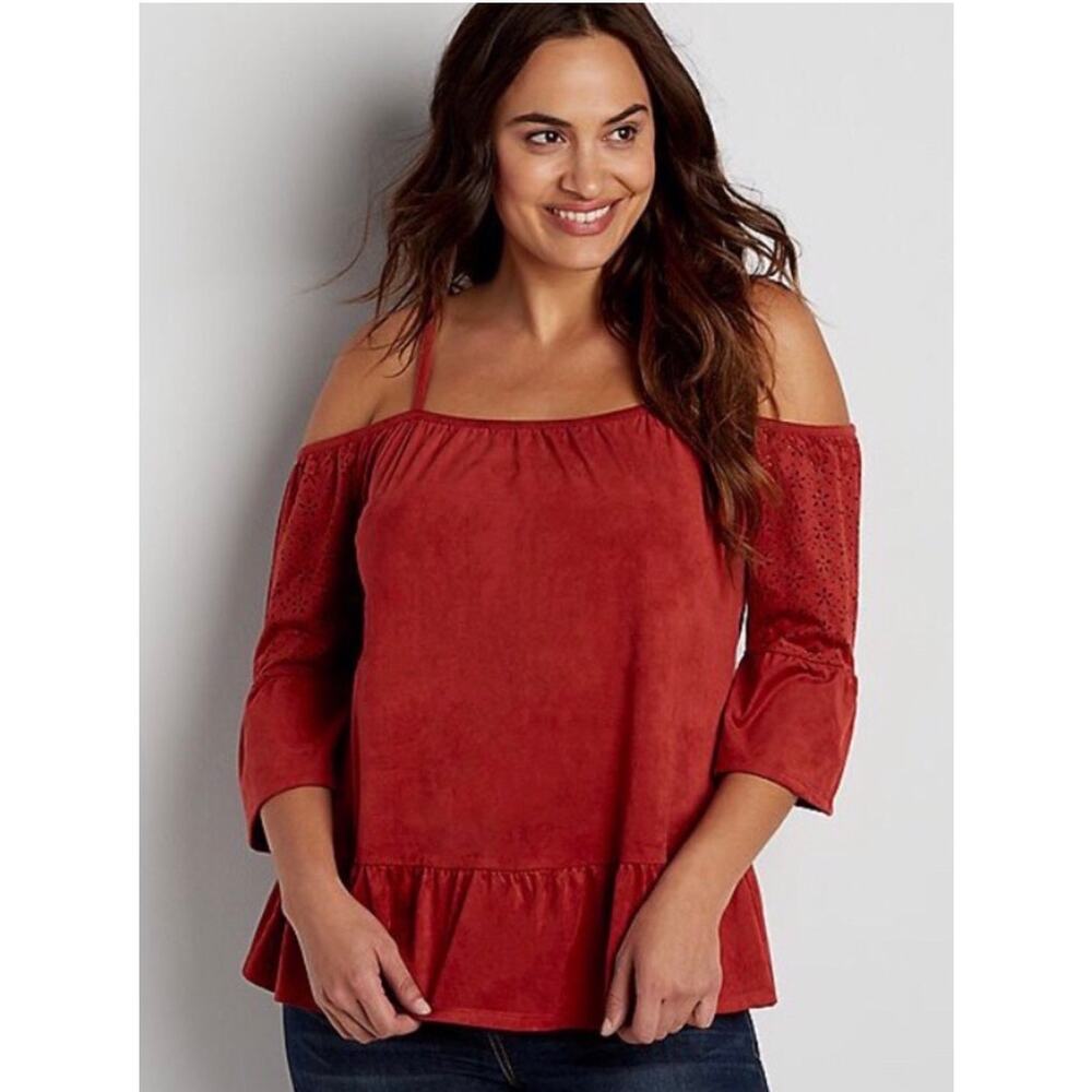 Red Off Shoulder Peplum Top Eyelet Sleeve Boho Maurice’s Size Small
